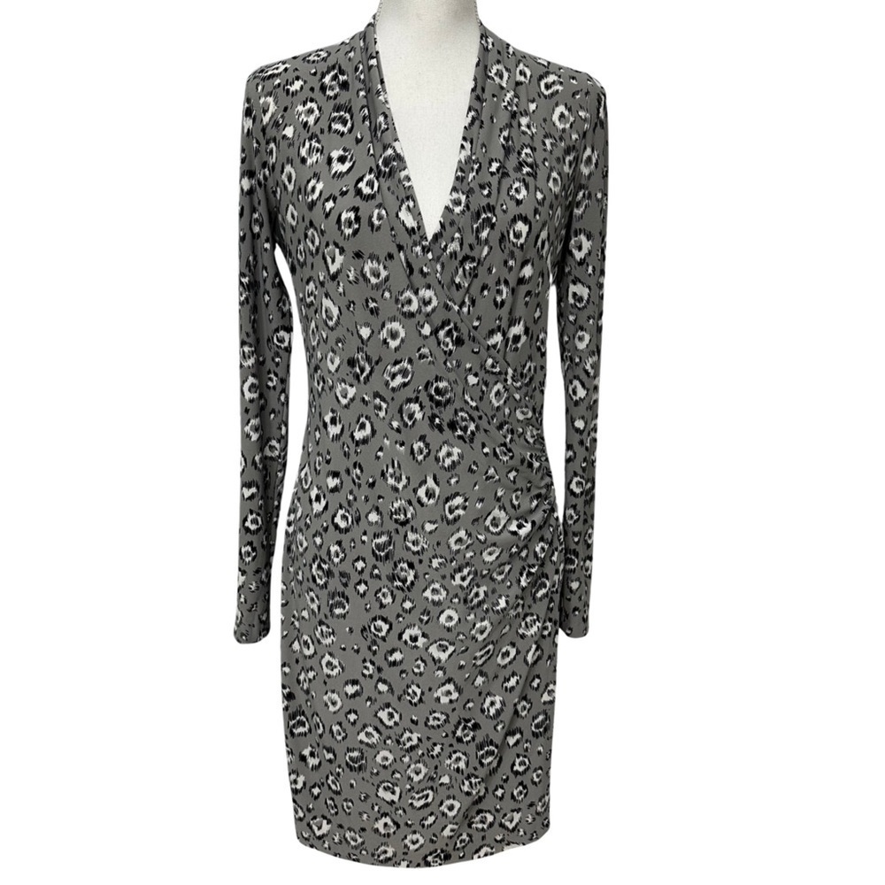 Norma Kamali Leopard Print Long Sleeve Ruched Faux Wrap Grey White Black SZ Med
